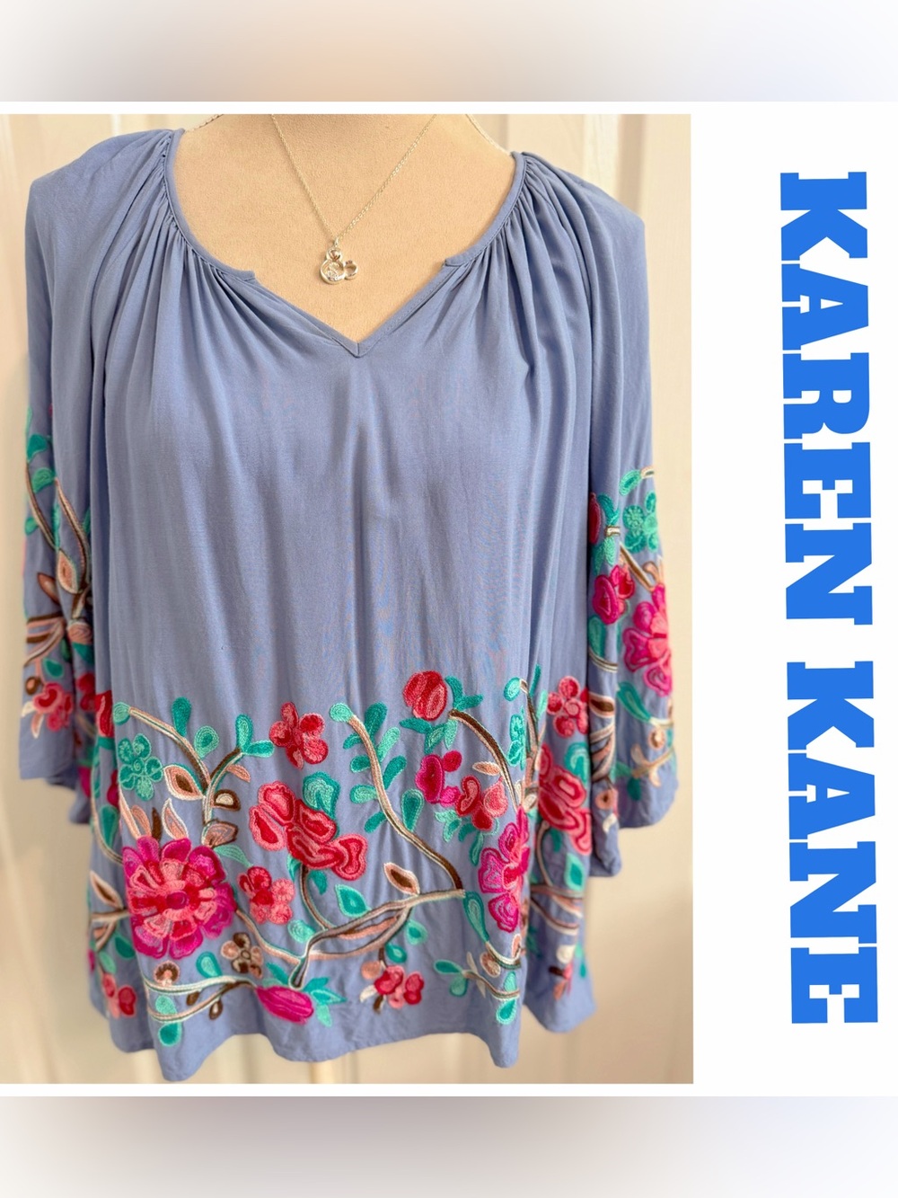 Karen Kane, Periwinkle Floral Stitched Bohemian Style Top